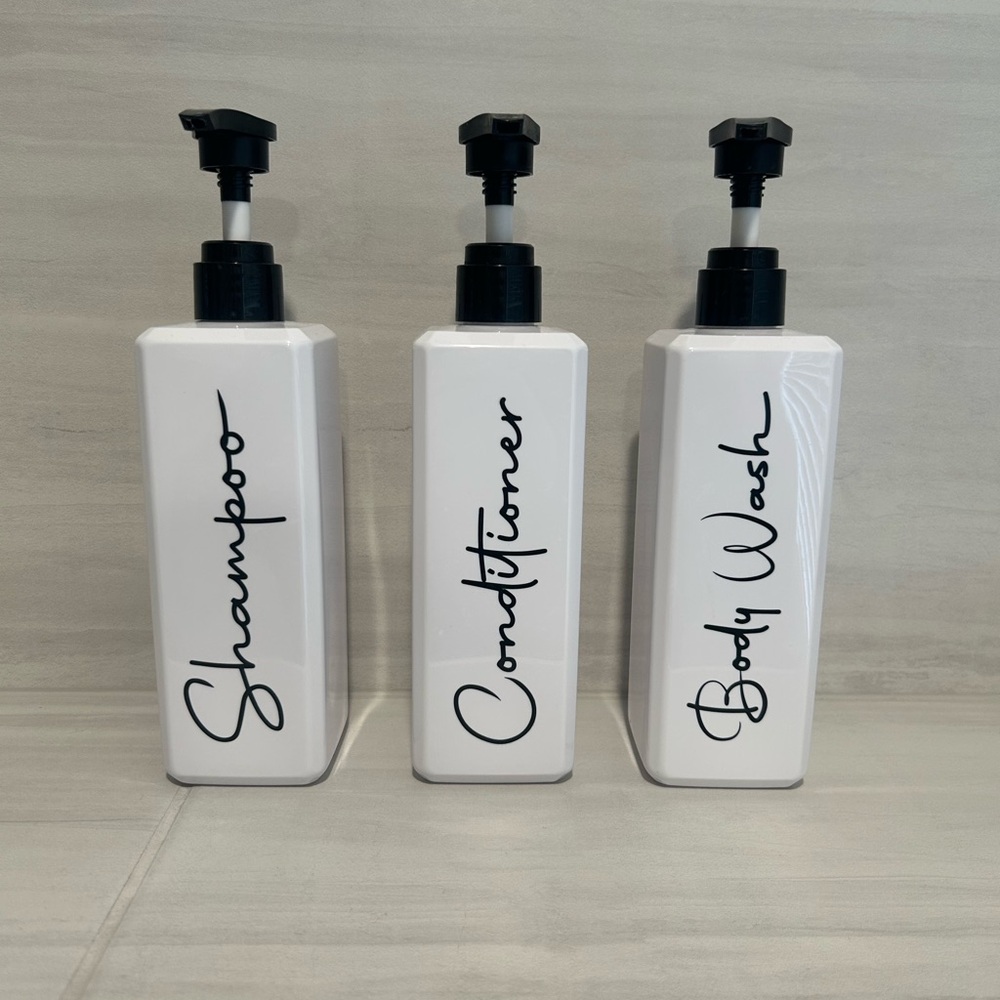 White Shampoo, Conditioner, and Body Wash Dispenser Set